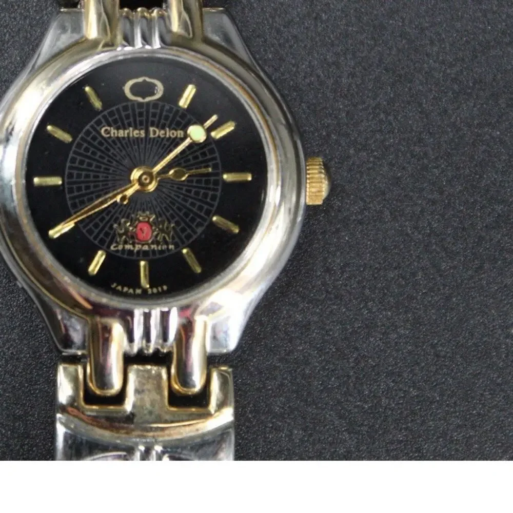 Charles Delon Black Dial Round Silver Tone Case Two Tone Band Watch New battery
